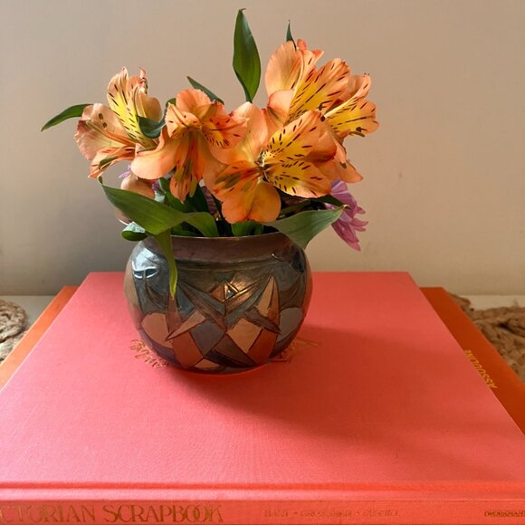 Vintage Little Brass Pot Embossed with Abstract Geometric Shapes - Picture 2 of 9